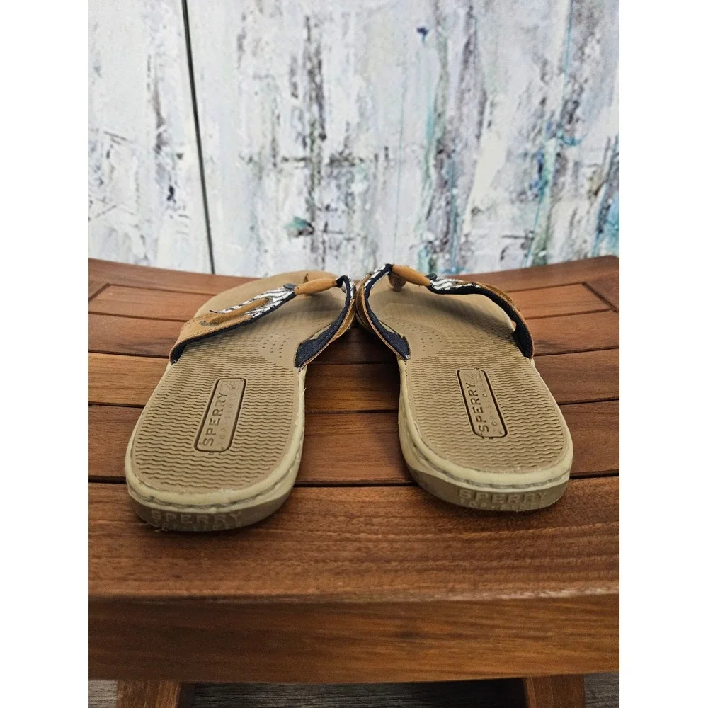 Sperry Seafish Flip Flop 7.5M Tan Blue Nautical Striped Leather Thong Sandals